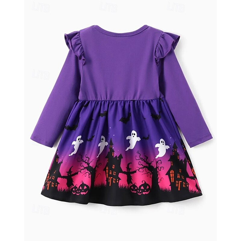 Halloween Girls' 3D Graphic Ghost Dress Ruffle Dress Long Sleeve Summer Spring Daily Holiday Vacation Princess Beautiful Sweet Kids 4-12 Years Casual Dress A Line Dress Knee-length Polyester Regular2