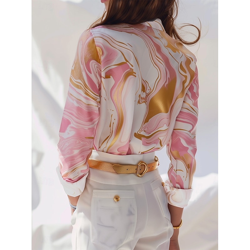 Women's Shirt Button Down Tunic Shirt Collar Long Sleeve Marble Print Work Elegant Stylish Business Pink Fall2