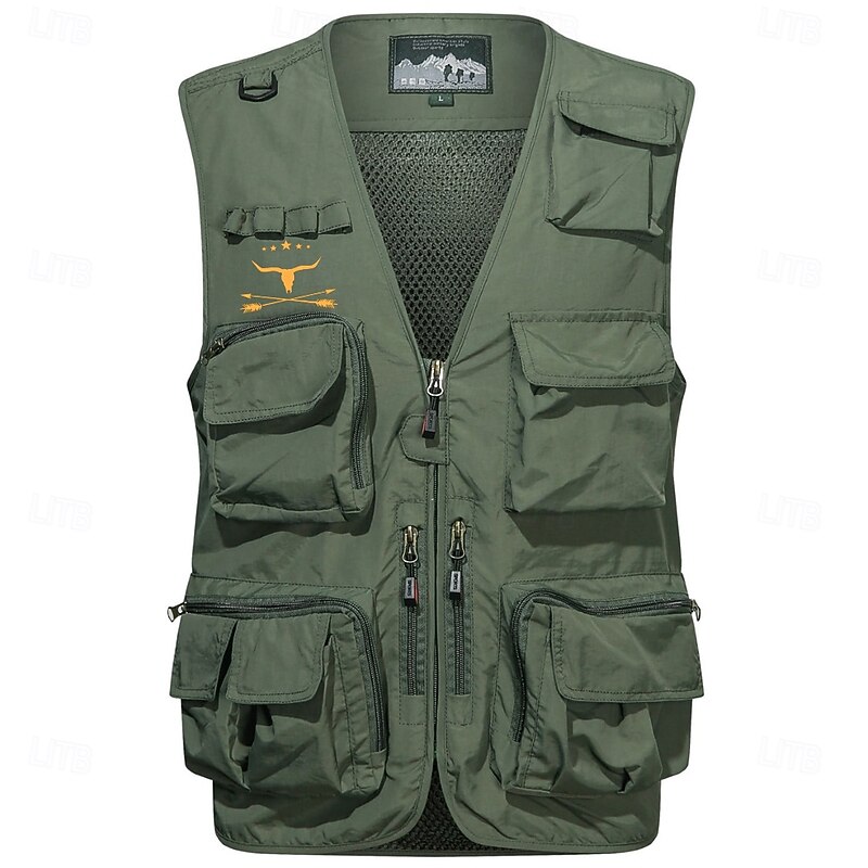 Men's Graphic Cow Vest Waistcoat Gilet Tactical Practical Removable Casual Sports Outdoor Fishing Photography Quick Dry Mesh Double Layered Fall Winter Collarless Sleeveless khaki Army Green4