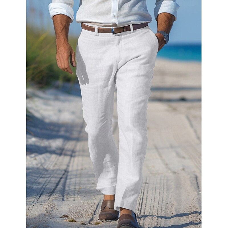 Men's Linen Pants Trousers Dress Pants Summer Pants Beach Pants Straight Leg Plain Comfort Outdoor Casual Daily Streetwear Stylish White Navy Blue3