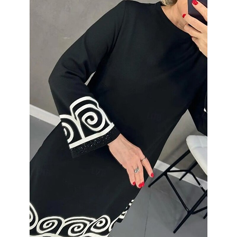 Women's Little Black Dress A Line Dress Fashion Workfashion Midi Dress Print Stand Collar Long Sleeve Geometric Loose Fit Black Spring Fall S M L XL 2XL2