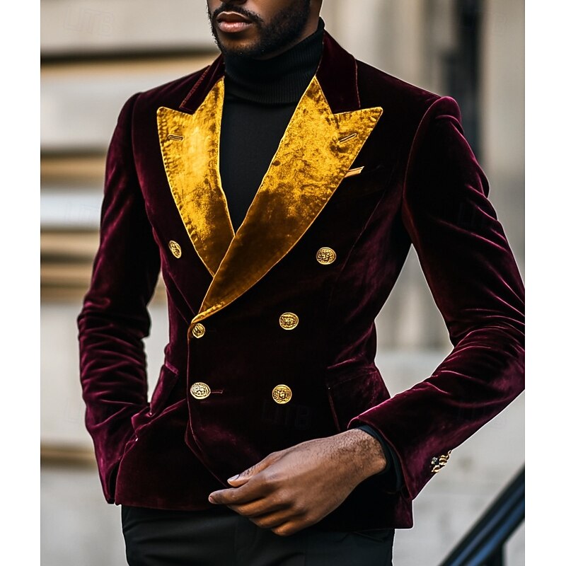 Men's Blazer Jacket Tuxedo Closure collar Vintage Party Velvet Patchwork Solid Colored Blazer Black Burgundy Standard Fit2