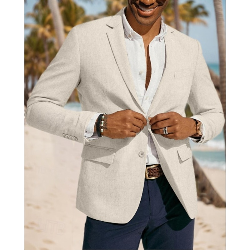 Men's Blazer Jacket Linen Blazer Notch Collar Fashion Casual Solid Colored Blazer Light Grey Beige Tailored Fit Single Breasted Two-buttons4