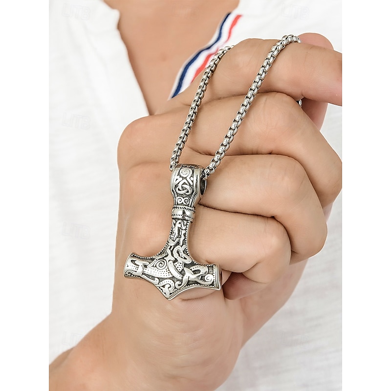 Men's Viking Thor's Hammer Pendant Necklace - Norse Mythology Jewelry, Stainless Steel Mjolnir for Casual and Cosplay3