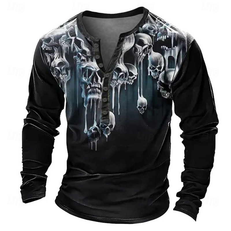 Halloween Men's Skull Henley Shirt Long Sleeve T shirt 3D Print Henley Shirt Vacation Fashion Daily Holiday Black Summer Spring Fall Clothing Apparel Normal S M L XL XXL XXXL3