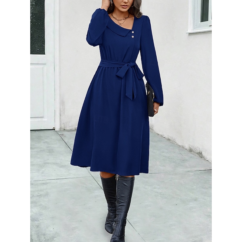 Women's Midi Dress Elegant Dark Green Long Sleeve Belted V-Neck Button Detail Work Casual A-line Flowy Versatile Autumn Spring Clothing Apparel3