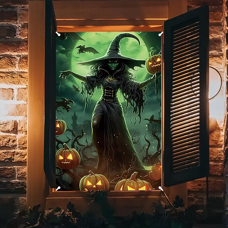 Halloween Window Cover Decorations, Fabric Scarecrow Halloween Curtain Horror Movie Poster Window Door Covering Decor for Haunted House, Scary Halloween Window Clings Decals Indoor Outdoor2
