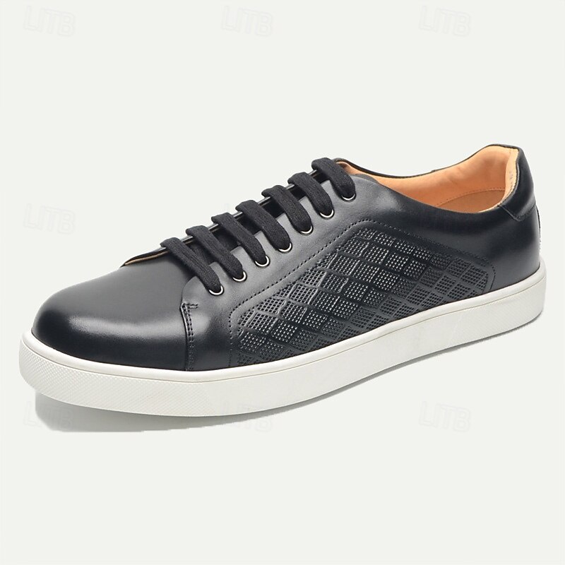 Men's Black Leather Sneakers with Mesh Panel Design - Casual Lace-Up Low-Top Shoes for Everyday Wear3