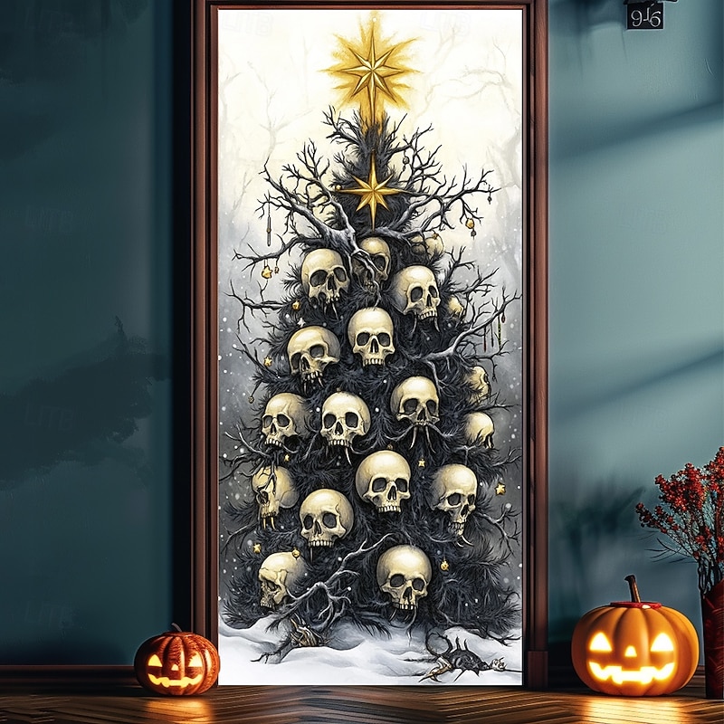Halloween Christmas Door Decorations Halloween Door Covers Skeleton Door Tapestry Tree Door Curtain Decoration Backdrop Door Banner for Front Door Farmhouse Holiday Party Decor Supplies4