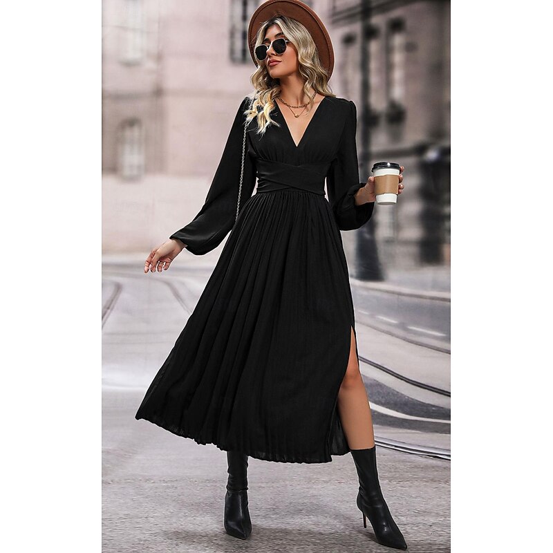 Women's Maxi Dress Black Dress Cocktail Dress Formal Dress Vintage Fashion Daily Loose Fit Solid Color Long Sleeve V Neck Black Spring Fall Winter3