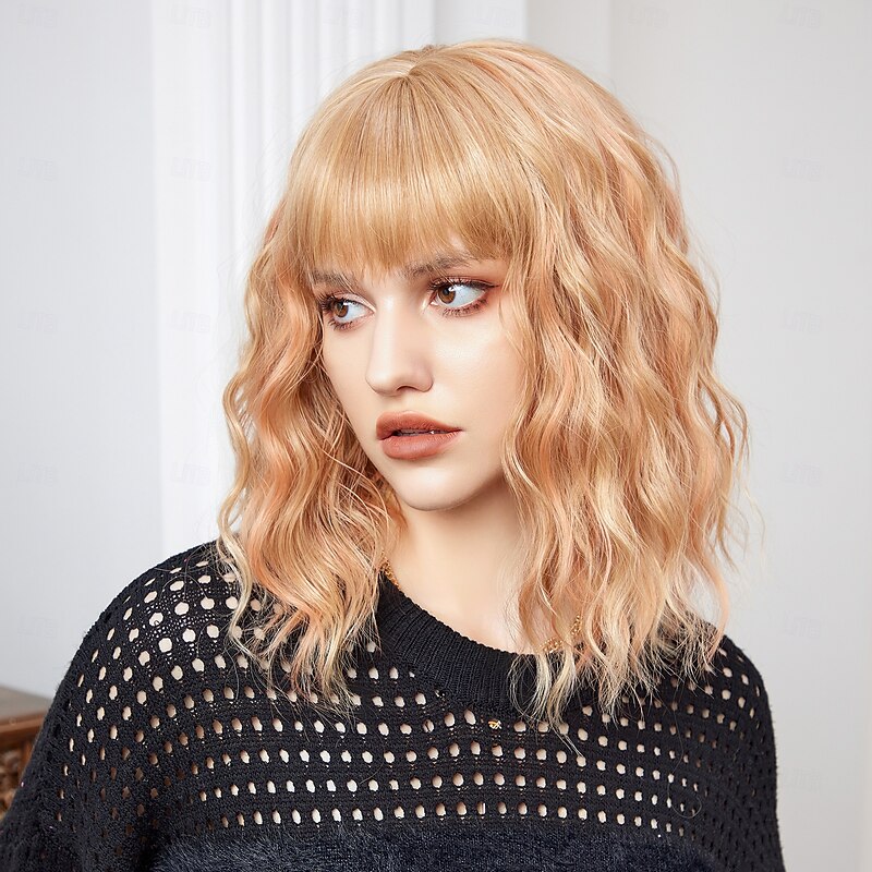 Cosplay Costume Wig Curly Bouncy Curl Bob Neat Bang With Bangs Wig 14 inch Gold Pink Synthetic Hair Women's Elastic Adorable Comfortable Pink3