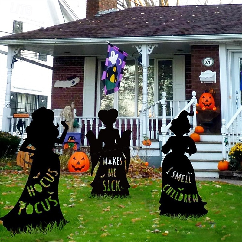 Hocus Pocus Halloween Decorations Outdoor 3 Metal Black Hocus Pocus Witches Halloween Silhouette Yard Signs Outside Yard Lawn Decor for Kids Home Party3