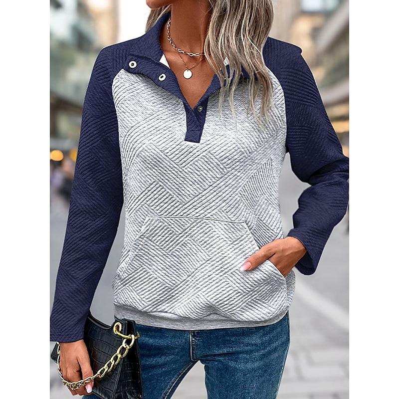 Women's Sweatshirt Casual Street Dailywear V Neck Patchwork Buttons Pocket Long Sleeve Navy Blue Fall Winter