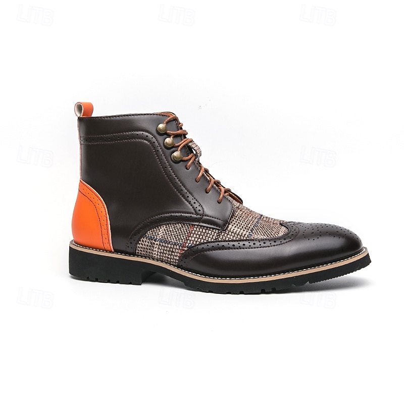 Men's Faux Leather and Plaid Brogue Boots, Vintage Style Lace-Up Ankle Boots with Wingtip Detailing for Formal and Casual Wear4