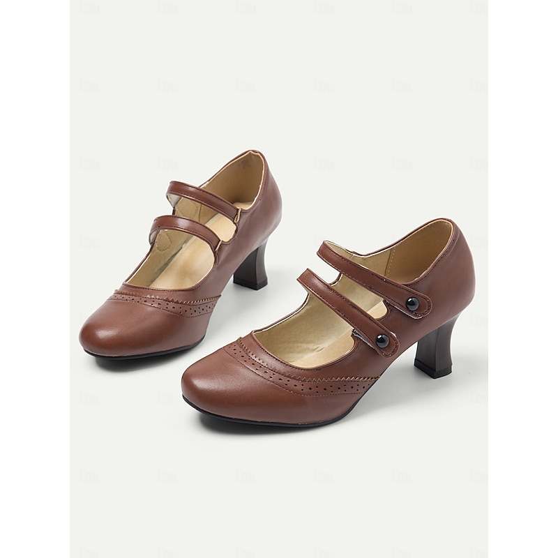 Women's Vintage Gatsby Brown Mary Jane Heels with Brogue Detailing, Comfortable Mid Heel Shoes for Retro-Inspired Outfits2