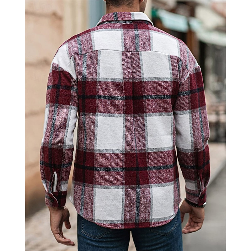 Men's Shirt Jacket Overshirts Transition Jacket Daily Lightweight Pocket Spring Plaid Classic Lapel Regular Red Green Khaki Gray Jacket2