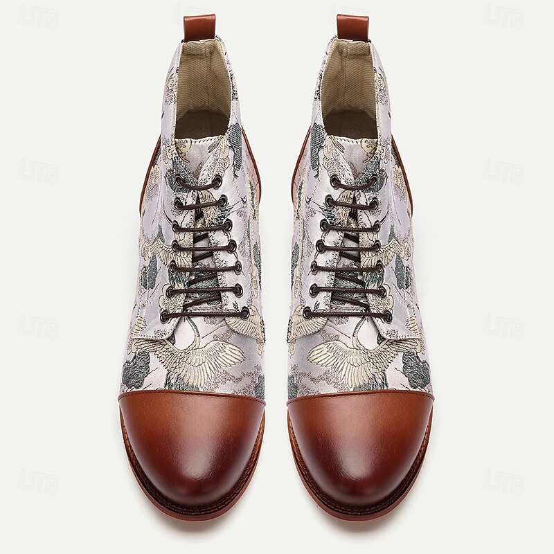 Men's Vintage Crane Print Lace-Up Boots – Faux Leather and Jacquard fabric Ankle Boots with Retro Style for Casual Wear2