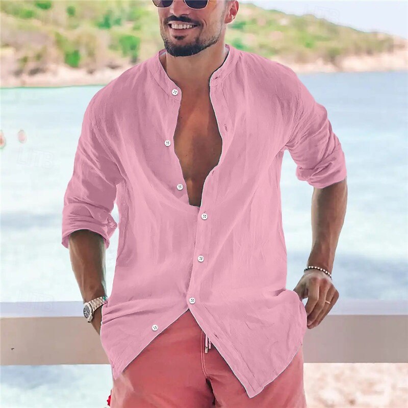 Men's Shirt Band Collar Shirt Popover Shirt Summer Shirt Beach Wear Button Up Shirt Plain Vacation Curise Black White Pink Green Long Sleeve Band Collar Spring & Summer Clothing Apparel 5