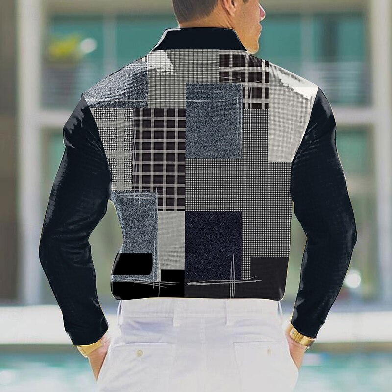 Men's Plaid Golf Shirt Long Sleeve Polo Shirts Collared Shirts Vintage Casual Vacation Wear Formal Wear Festival Wear Buttons 3D Print Spring Fall Winter Blue2