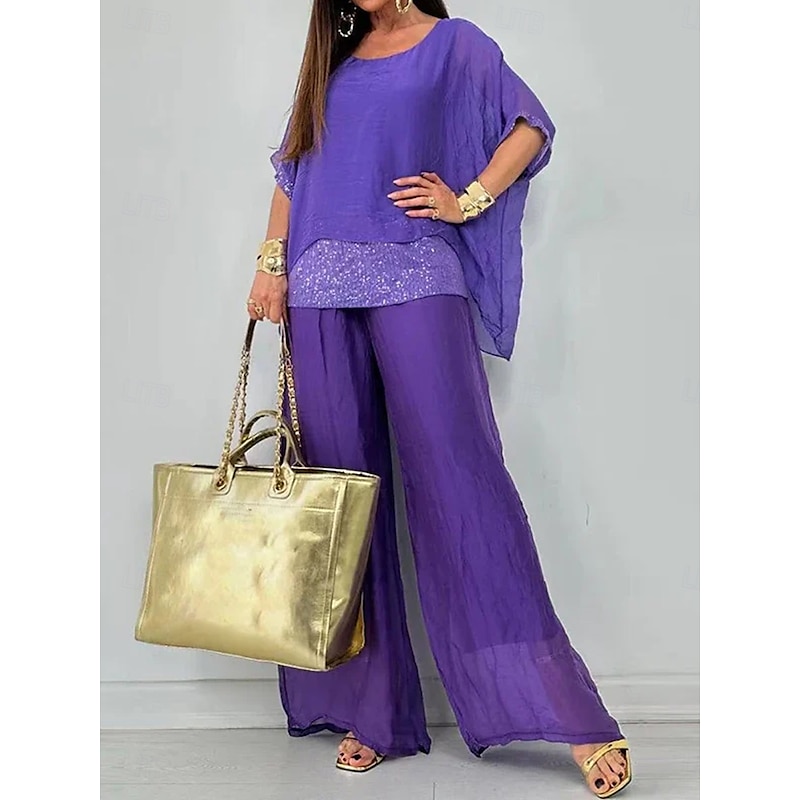 Women's Elegant Fashion Blouse Pants Trousers 3/4 Length Sleeve Round Neck Solid Color Sequins Mesh Work Daily Black Purple Brown Summer Loose Fit4