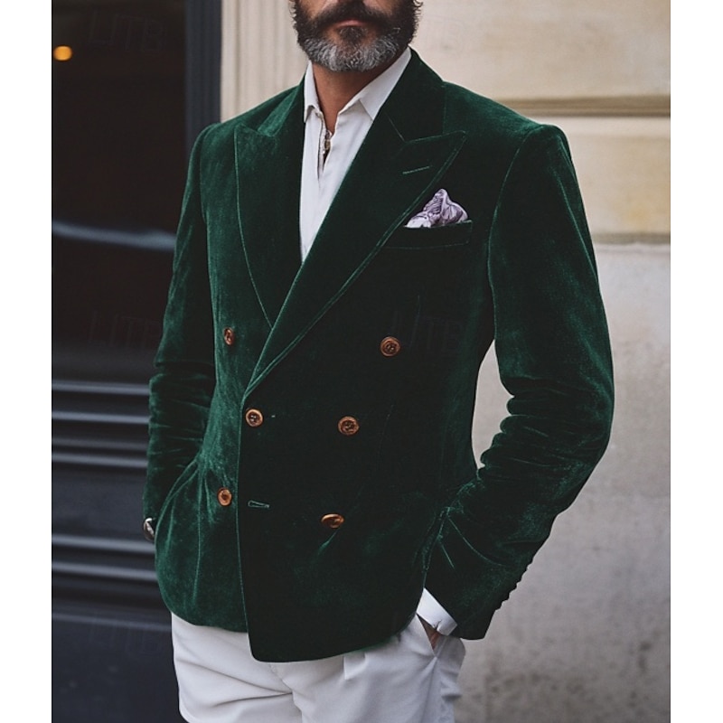 Men's Blazer Jacket Closure collar Vintage Party Velvet Solid Colored Blazer Burgundy Green Standard Fit Double Breasted Four-buttons
