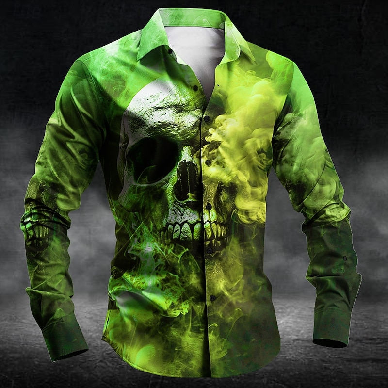 Men's Skull Halloween Costumes Button Up Shirt Long Sleeve Dark Party Evening Wear Daily Fall Winter Spring & Summer Shirt Collar Button Up 3D Print Purple Fuchsia Green3
