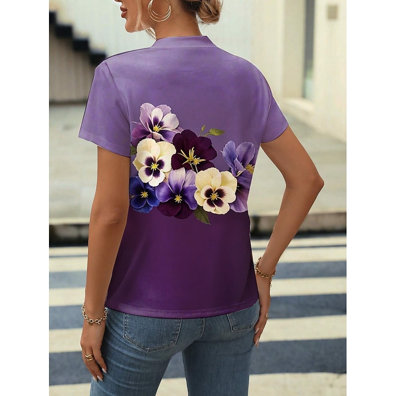 Women's T Shirt Casual Print Short Sleeve Regular Tops Daily Purple Summer3