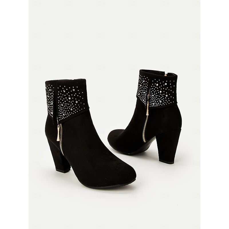 Stylish Black Ankle Boots with Rhinestone Detail - Chic Suede Finish, Side Zipper, Perfect for Evening Outfits and Special Occasions4