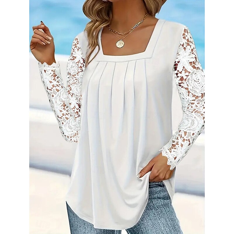 Women's White Elegant Lace Tops Eyelet Blouse Casual Solid Color Lace Long Sleeve Regular Tops Square Neck Daily Romantic Petite Tops Summer Holiday Wear White Pink Blue Spring Fall