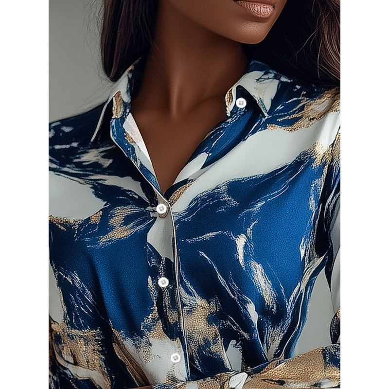 Women's Shirt Long Sleeve Button Down Blouse Elegant Stylish Business Print Regular Tops Shirt Collar Work Blue Summer Fall Winter3