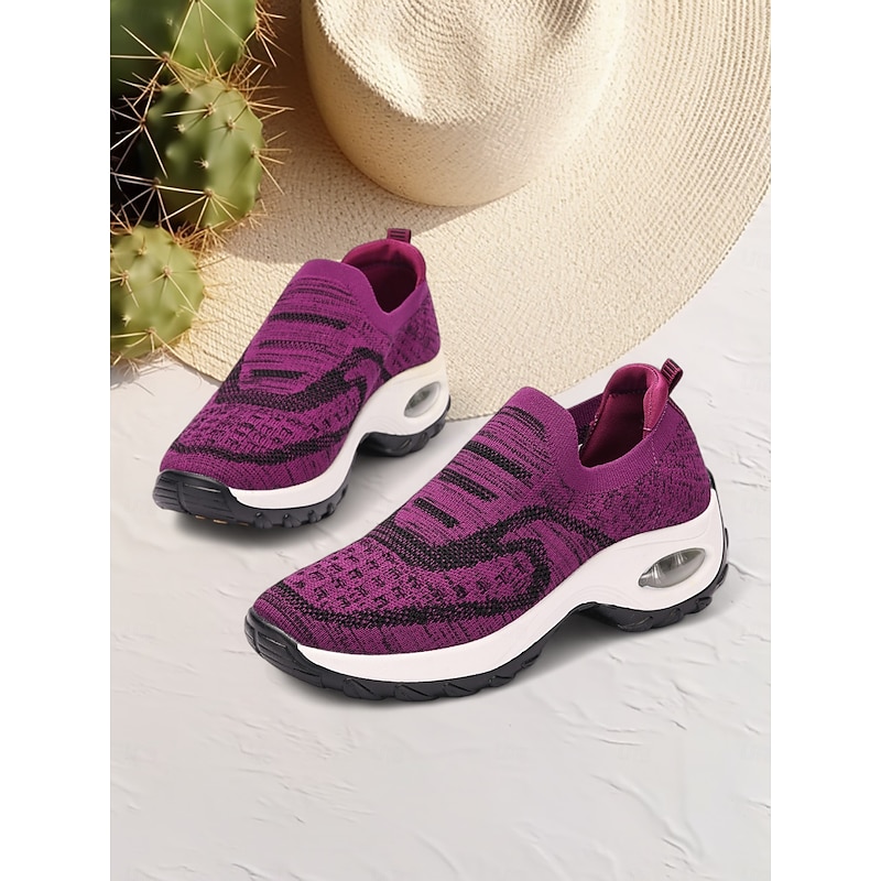 Women's Purple Knit Slip-On Sneakers with Air Cushion Sole for Walking and Casual Wear2