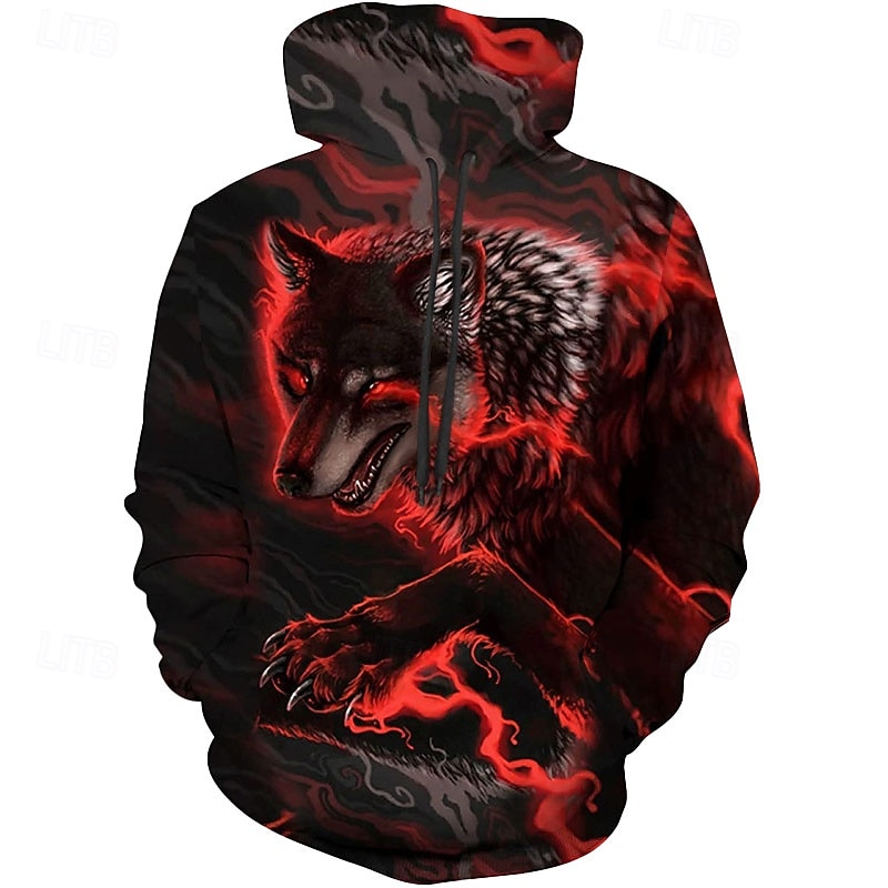 Men's Wolf Graphic Prints Hoodie Hoodies Sweatshirt Sportswear Casual Long Sleeve Hooded Casual Daily Sports Red Print Spring &  Fall Designer - Main Image