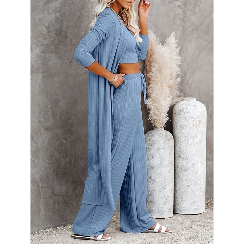 Women's Loungewear Sets 3 Pieces Pure Color Fashion Comfort Street Daily Knit Breathable Crew Neck Long Sleeve Sweater Pant Elastic Waist Fall Winter Home Outfits2