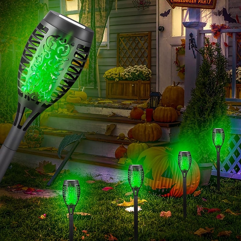 4pcs Solar Flame Lights Waterproof Multicolor Lawn Light Outdoor Garden Patio Trail Walkway Halloween Christmas Party Holiday Landscape Decoration