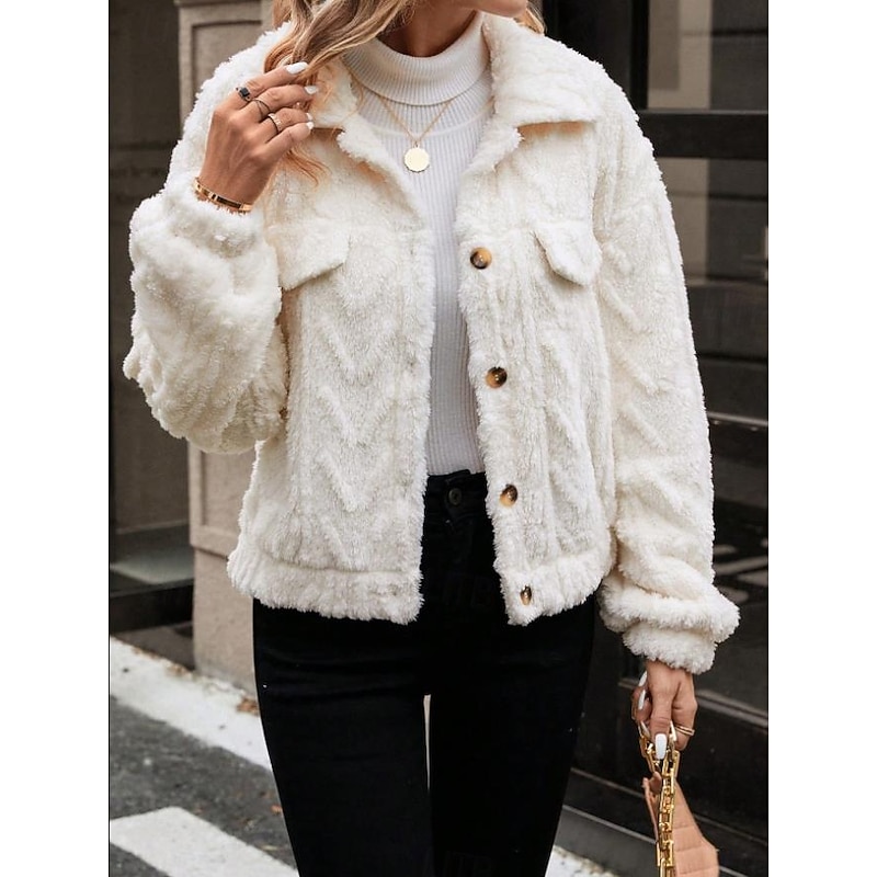 Women's Fleece Jacket Teddy Coat Warm Breathable Buttons Pocket Casual Plain Vacation Street Daily Wear Going out Single Breasted Regular Turndown Regular Fit Long Sleeve Outerwear White Fall Winter