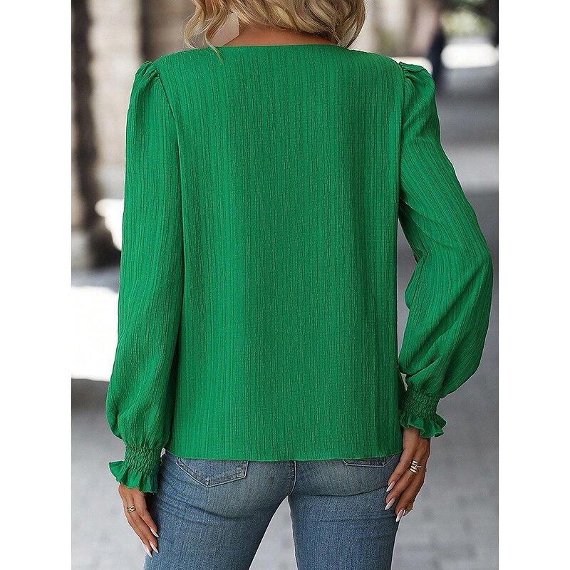 Women's Tunic Blouse Solid Color Stylish Modern Long Sleeve Puff Sleeve V Neck Regular Tops Work Daily Ruffle Pink Purple Green Light Blue Spring Fall2