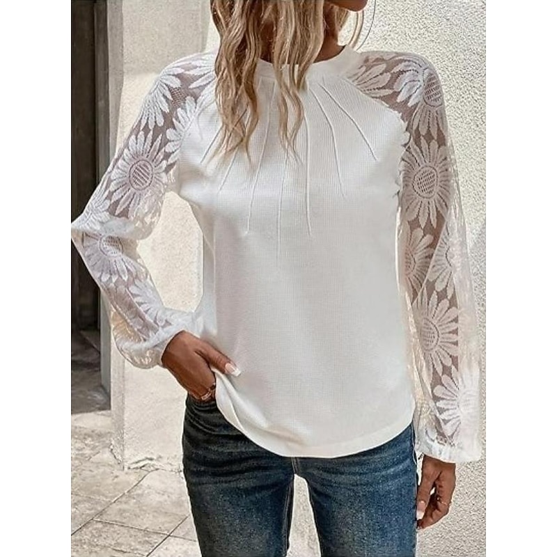Women's Blouse Stylish Modern Long Sleeve Regular Tops Crew Neck Work Daily White Spring Fall - Main Image