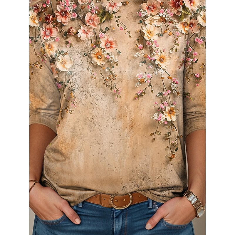 Women's T Shirt Casual Print Regular Tops Daily Yellow Pink Blue Spring Fall3