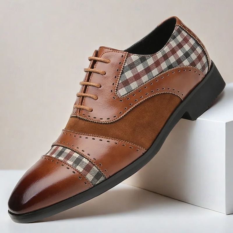 Men's Brown Leather and Suede Oxford Shoes with Plaid Pattern - Stylish and Comfortable for Formal and Casual Wear
