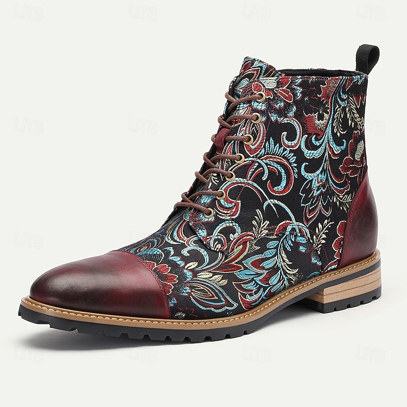 Men's Premium Leather Floral Oxford Boots – Vintage Paisley Design, Bohemian Lace-Up Ankle Boots, Perfect for Casual Outings & Formal Occasions2