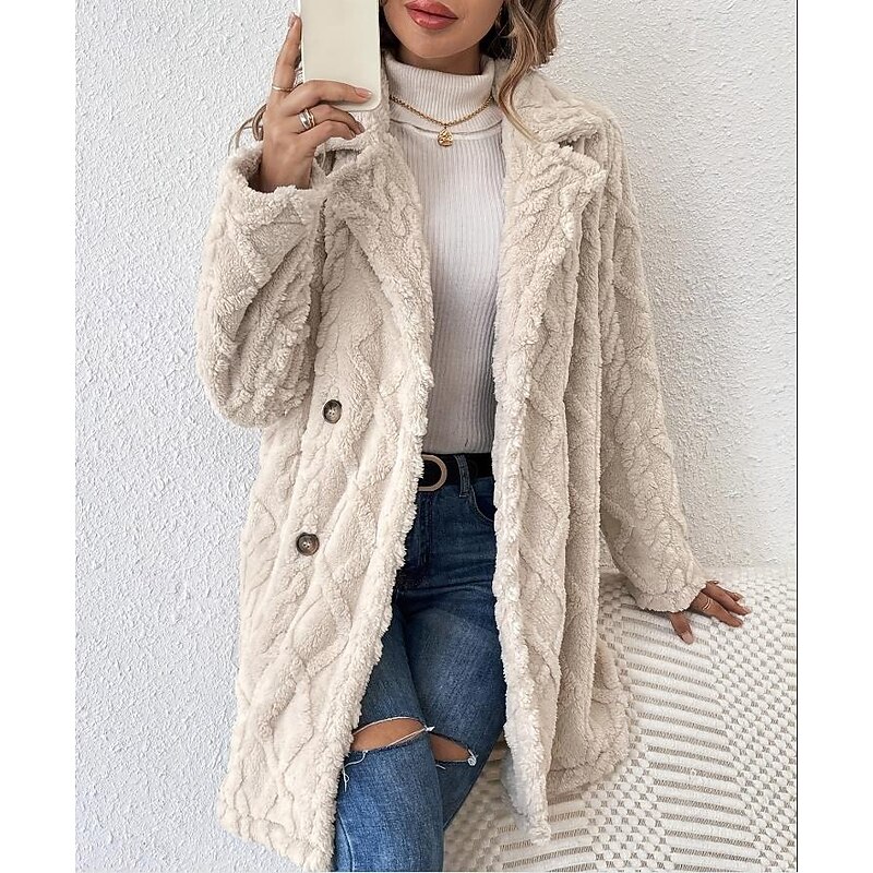 Women's Winter Coat Athleisure Holiday Daily Wear Fall Winter Regular Coat Regular Fit Stylish Casual Jacket Long Sleeve Solid Color Knit Apricot3