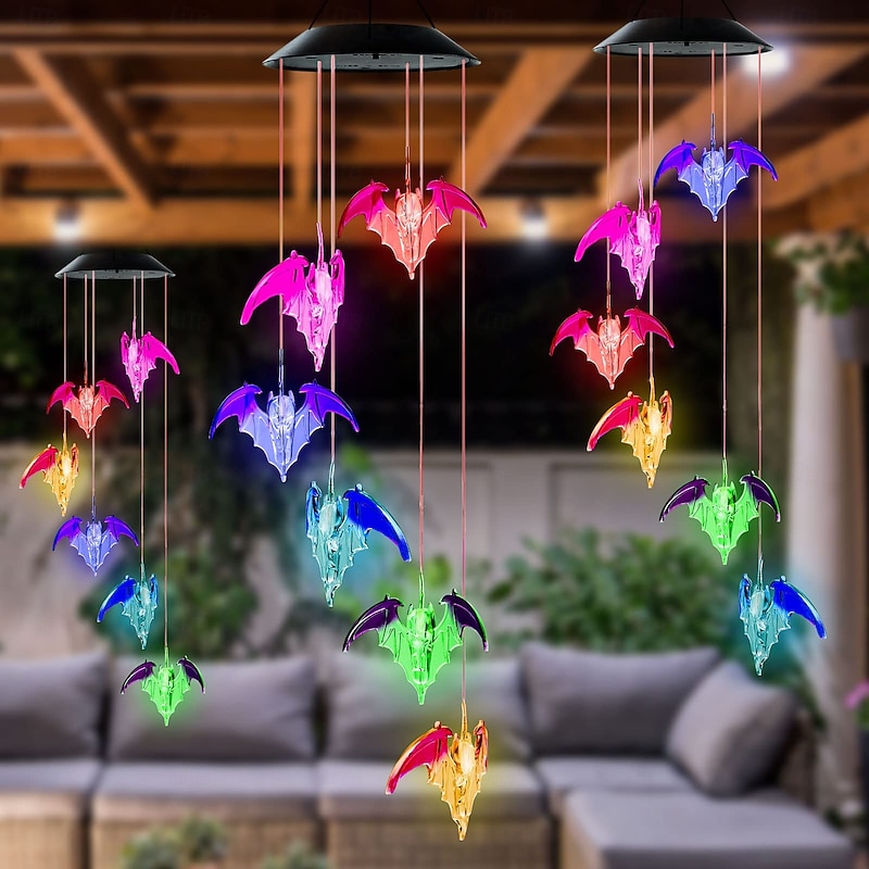Bat Solar Wind Chimes for Outdoor, Waterproof Color-Changing LED Memorial Bat Wind Chimes Women Gifts for Mom, Automatic Light Sensor Windchimes Birthday Gifts for Party Yard Garden - Main Image