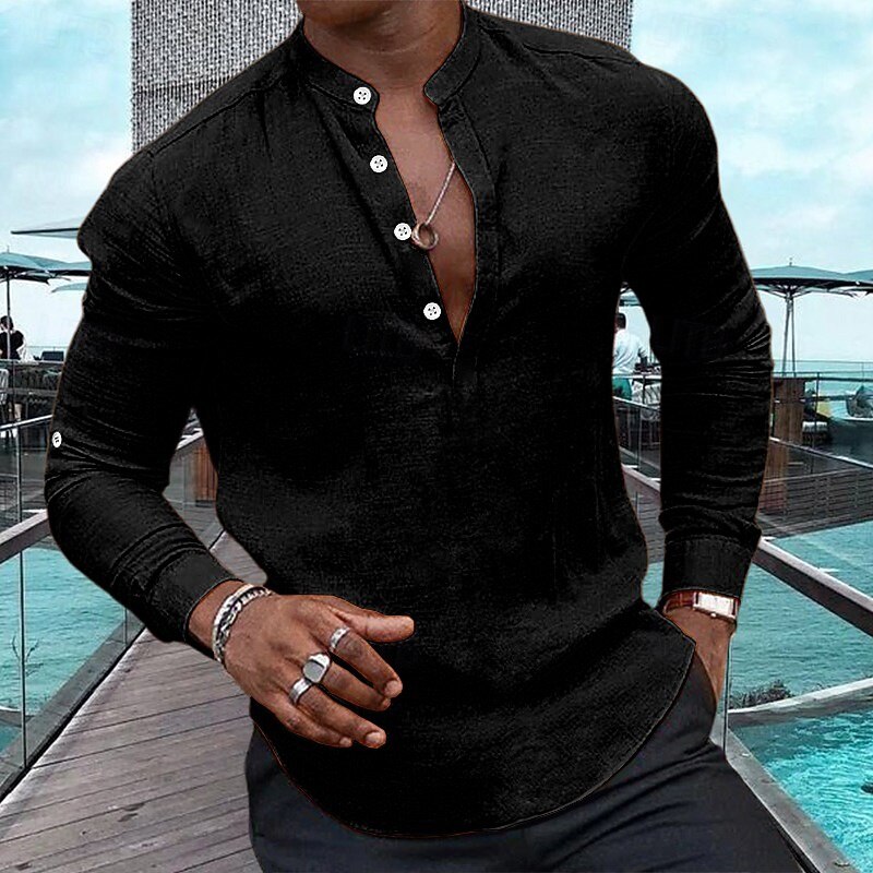 Men's Shirt Linen Shirt Popover Shirt Summer Shirt Beach Wear Casual Shirt Plain Vacation Casual Black White Pink Navy Blue Long Sleeve Henley Spring & Summer Clothing Apparel2