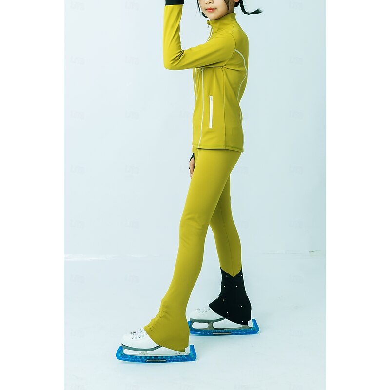 Figure Skating Fleece Jacket Figure Skating Pants Figure Skating Jacket with Pants Women's Girls' Ice Skating Jacket Tights Outfits Black Yellow Patchwork Thumbhole Spandex Stretchy Training Practice2