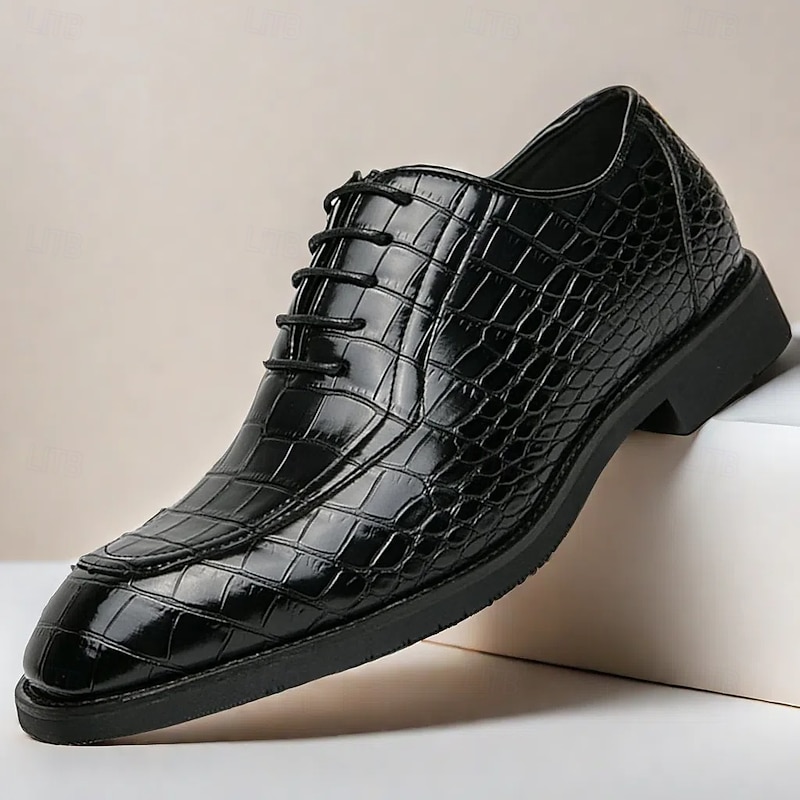 Men's Black Crocodile-Embossed Faux Leather Oxford Dress Shoes - Elegant Lace-Up Formal Footwear for Business and Special Occasions - Main Image
