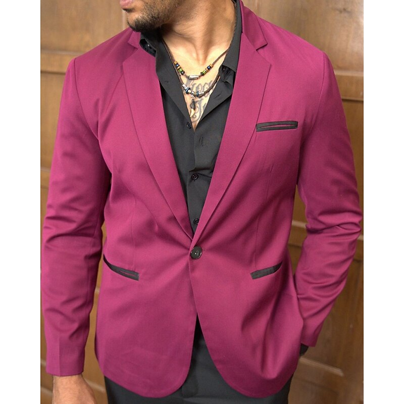 Men's Blazer Business Cocktail Party Wedding Party Fashion Casual Spring &  Fall 65% Cotton Color Block Pocket Buttons Comfortable Single Breasted Blazer Burgundy