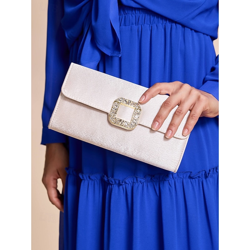 Women's White Satin Clutch with Rhinestone Buckle - Elegant Evening Bag for Special Occasions
