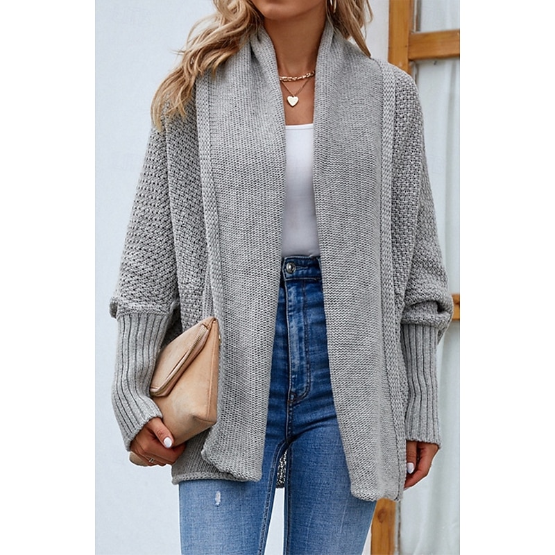 Women's Sweater Jacket Casual Soft Pure Color Shirt Collar Patchwork Long Sleeve Regular Tops Knit Outdoor Daily Weekend Gray Fall Winter