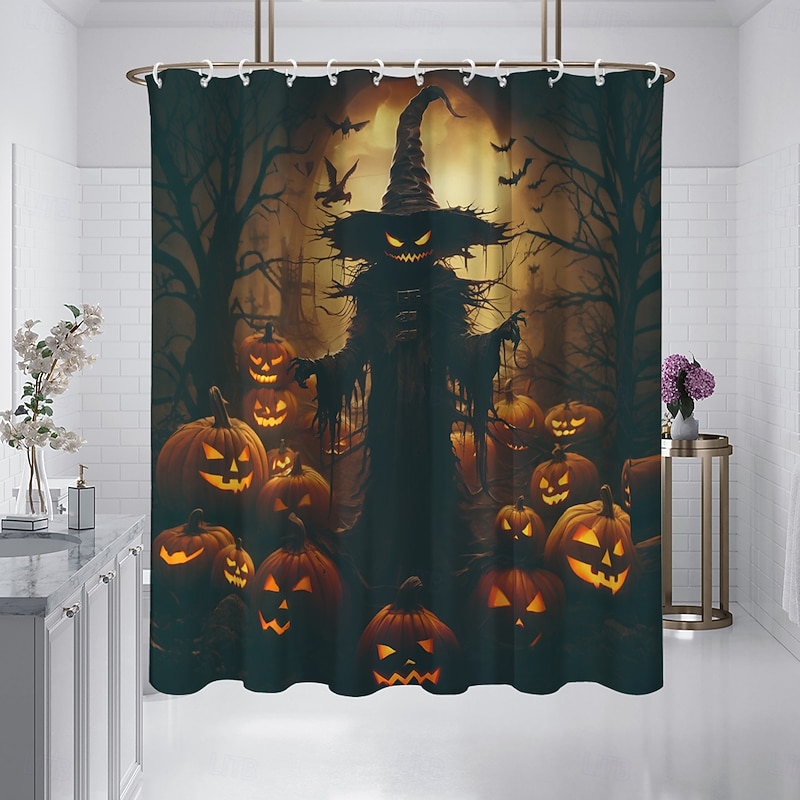 Halloween Shower Curtain Jack-O'-Lantern and Witch Design - Scarecrow Pumpkin Party Decor, Waterproof Polyester Fabric, Machine Washable, 12 Hooks Included for Bathtub or Bathroom Decoration2