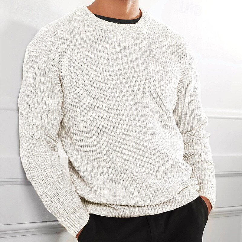 Men's Pullover Sweater Jumper Knit Sweater Ribbed Crochet Knit Regular Knitted Plain Crew Neck Fashion Basic Daily Wear Date Clothing Apparel Fall & Winter Black White S M L2